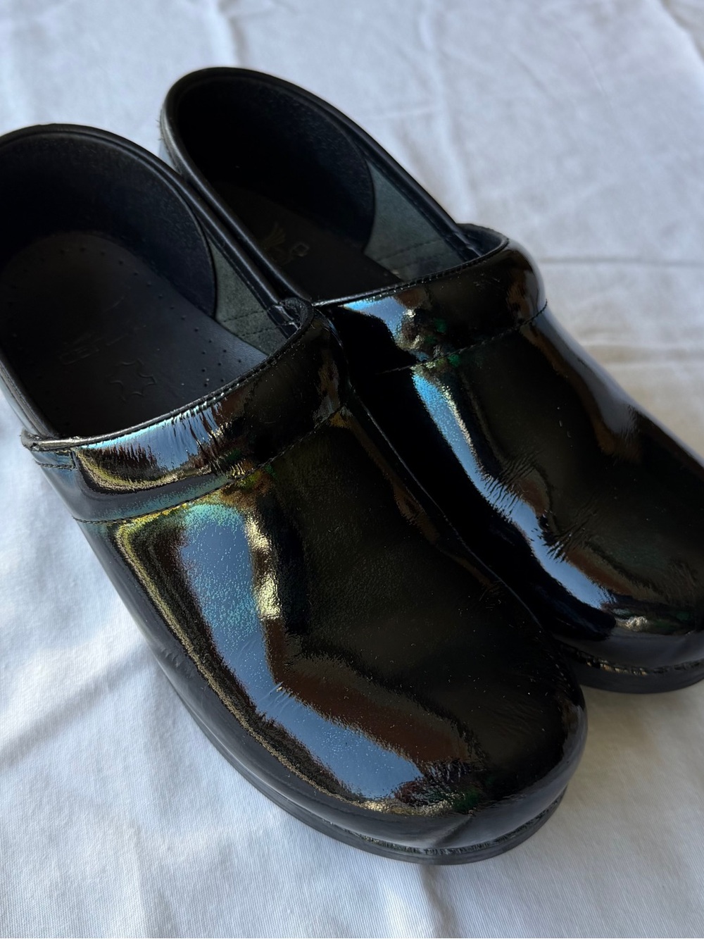 Dansko Professional Women's Black Petrol Iridescent Patent Clogs size 38